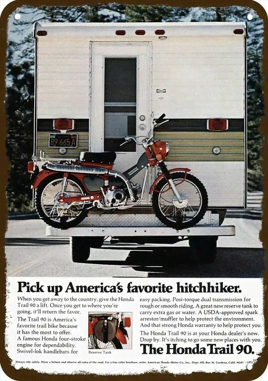 1972 HONDA TRAIL 90 MOTORCYCLE Hitchhiker Vnt-Look DECORATIVE REPLICA METAL SIGN